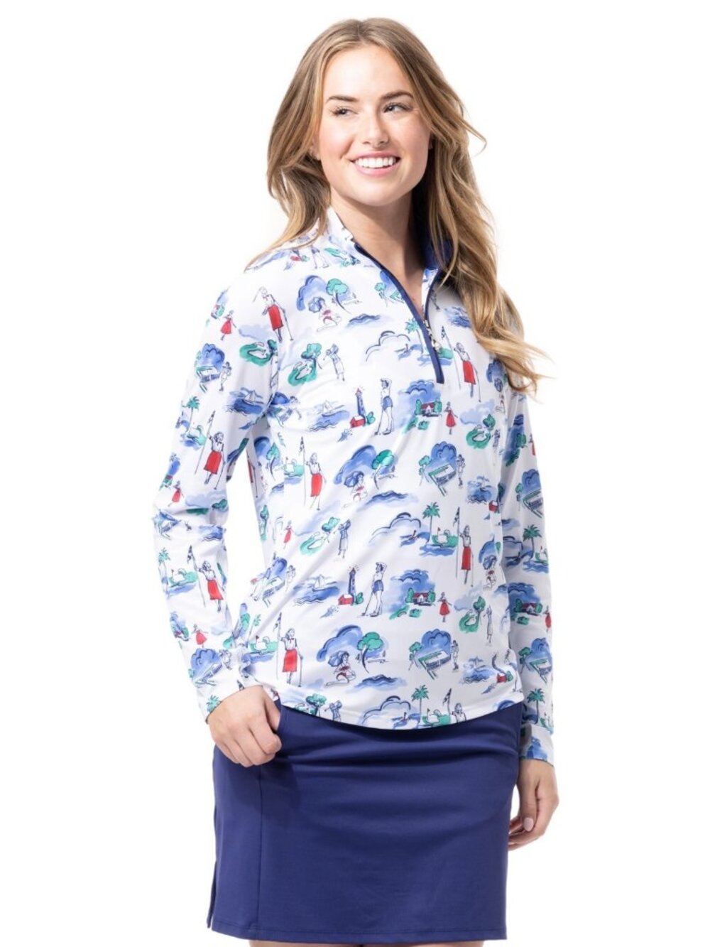 NEW SanSoleil Tennis Golf 1/4 Zip Pullover L/S SMALL White Print UV 50 + Cooling